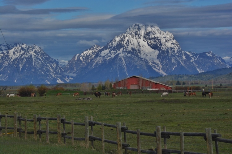 snow-capped mountains and red barn